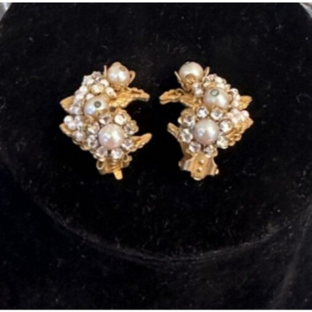 Vintage Stanley Hagler NYC Clip-On Earrings | Faux Pearl & Clear Rhinestones